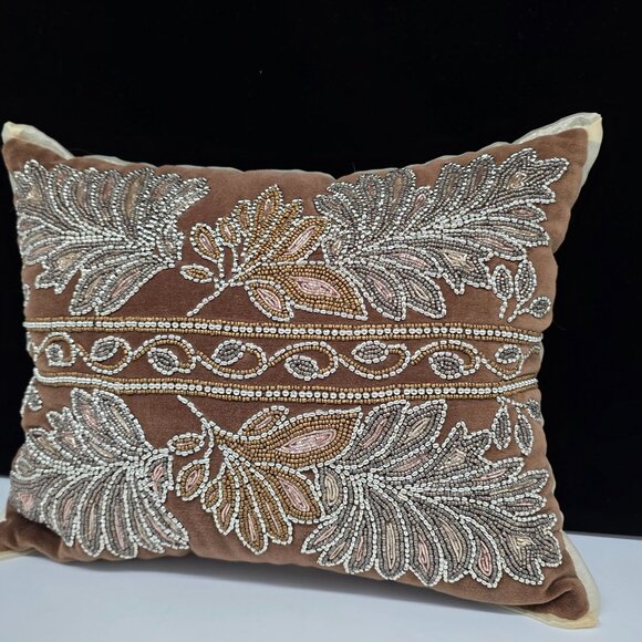 Pier 1 Beaded Leaf Decorative Square Throw Pillow Cover Brown Silver 16"x13" - Picture 3 of 8
